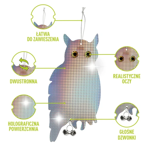 Atspindintis pakabinamas paukščių atbaidiklis - pelėda su skambaliukais - 4