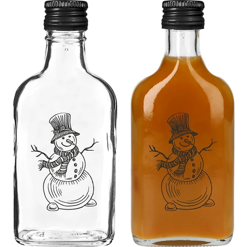 Plokščias butelis (piersiówka) 200 ml su užsukamu kamšteliu, su „Sniego senio“ spauda, 1 vnt. - 2