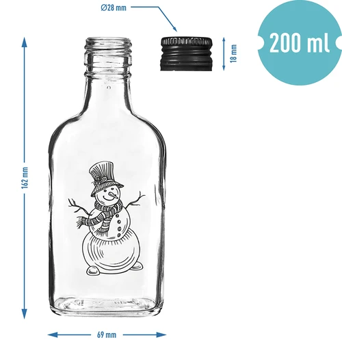 Plokščias butelis (piersiówka) 200 ml su užsukamu kamšteliu, su „Sniego senio“ spauda, 1 vnt. - 5
