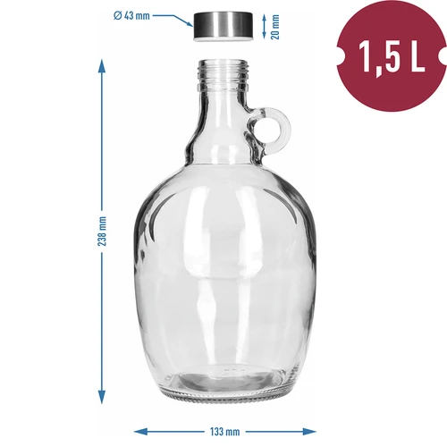 Demižonas Dama 1,5 l, su metaliniu užsukamu dangteliu fi 43 mm ir rankena - 5