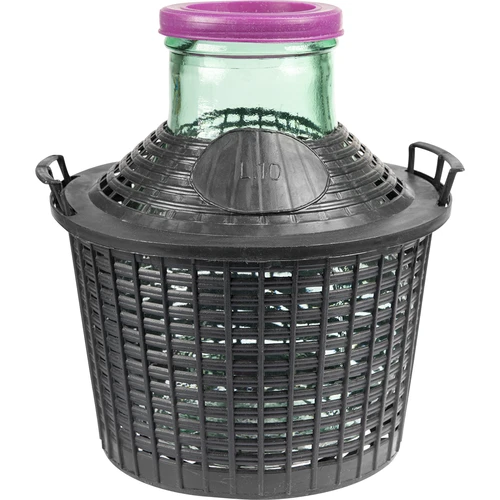 Demižonas vynui 10 L su plačiu kakleliu plast. krepšyje