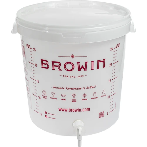 Fermentacijos indas 30 l, baltos spalvos su spauda, kraneliu ir 2 vamzdeliais - j.EN