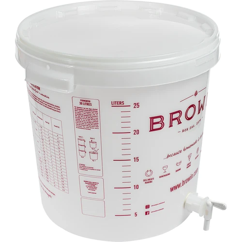 Fermentacijos indas 30 l, baltos spalvos su spauda, kraneliu ir 2 vamzdeliais - j.EN - 3
