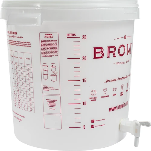 Fermentacijos indas 30 l, baltos spalvos su spauda, kraneliu ir 2 vamzdeliais - j.EN - 4