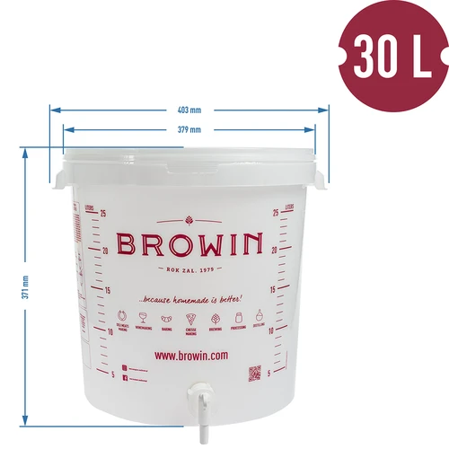 Fermentacijos indas 30 l, baltos spalvos su spauda, kraneliu ir 2 vamzdeliais - j.EN - 6