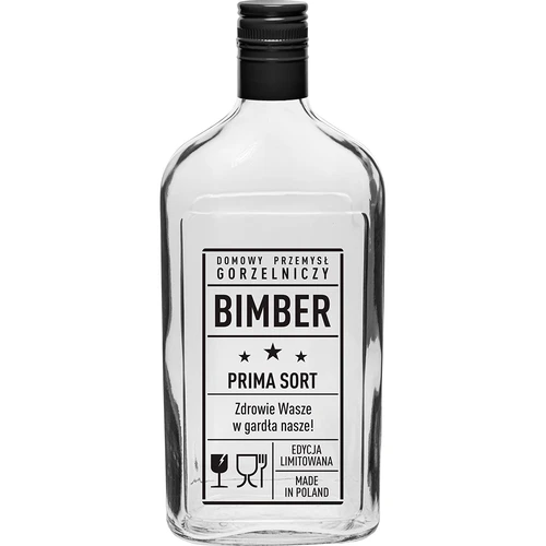 Plokščias butelis (piersiówka) 500 ml su užsukamu kamšteliu, spauda „Bimber PRL“, 1 vnt.