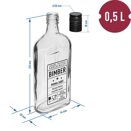 Plokščias butelis (piersiówka) 500 ml su užsukamu kamšteliu, spauda „Bimber PRL“, 1 vnt. - 5