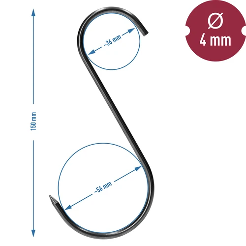 Rūkymo kabliai – S formos, aštriais galais, 4 mm x 150 mm, 15 vnt. - 6