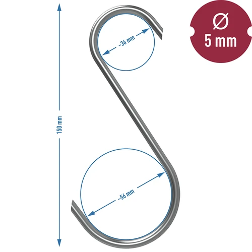 Rūkymo kabliai – S formos, nukirstais 45° galais, 5 mm × 150 mm, 5 vnt. - 7