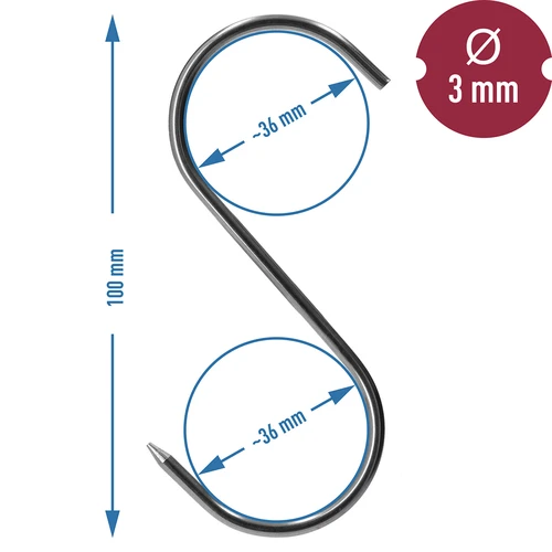 Rūkymo kabliai – S formos, su aštriais galiukais, 3 mm x 100 mm, 5 vnt. - 6