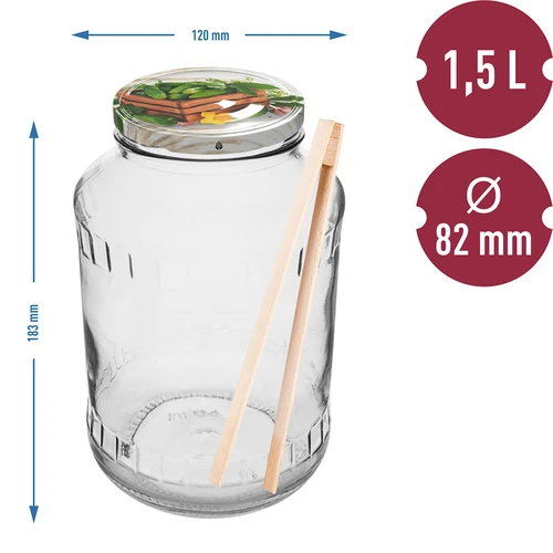 Stiklainis 1,5 l, fi 82/6 su spalvotu dangteliu + žnyplės - 2