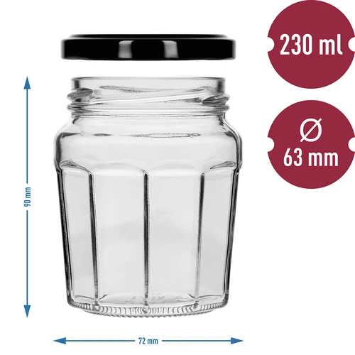Stiklainis Konfitura 230ml su juodu dangteliu fi63/4 - 6 vnt. - 8