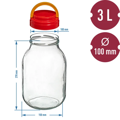Stiklainis TO 3 L su plastikiniu užsukamu dangteliu + žnyplės fi 100 - 6