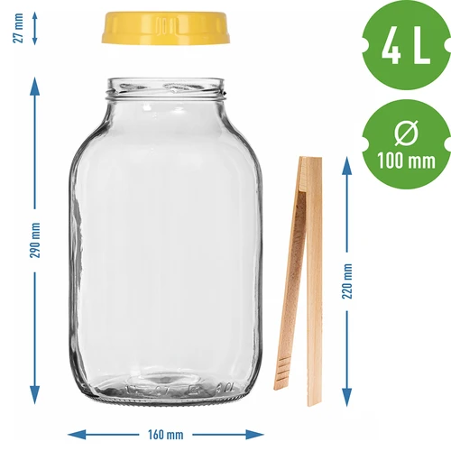 Stiklainis TO 4 l, žnyplės ir plastikinis užsukamas dangtelis fi 100, su rankena - 7