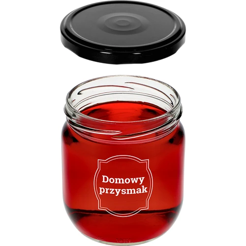 Stiklainis TO 425 ml su užrašu „Naminis skanėstas” ir juodu dangteliu fi 82 - 3 vnt. - 5