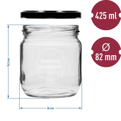 Stiklainis TO 425 ml su užrašu „Naminis skanėstas” ir juodu dangteliu fi 82 - 3 vnt. - 6