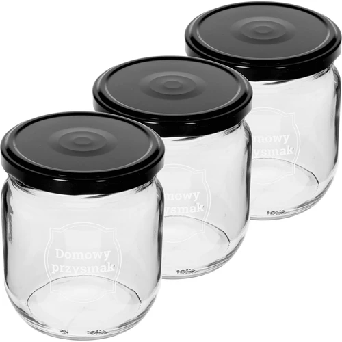 Stiklainis TO 425 ml su užrašu „Naminis skanėstas” ir juodu dangteliu fi 82 - 3 vnt. - 2