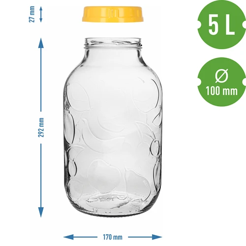 Stiklainis TO 5 L ir dangtelis iš plastiko Ø 100, su rankena - 7