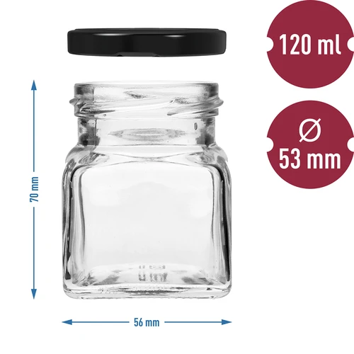 Stiklainis twist-off 120 ml - Cztery kąty fi 53 su juodu dangteliu, 6 vnt. - 6