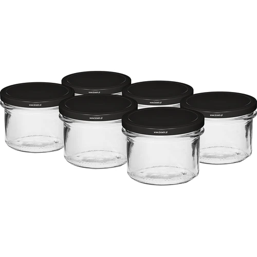 Tiesių sienelių stiklainis 235 ml (fi82) su juodu dangteliu, 6 vnt.