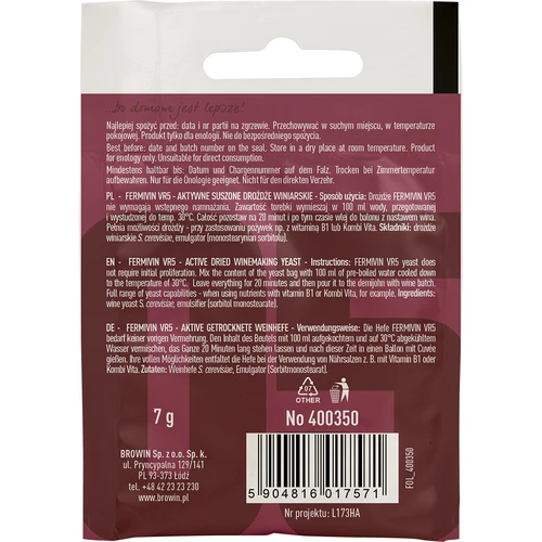 Vyno mielės Fermivin VR5, 7 g - 2