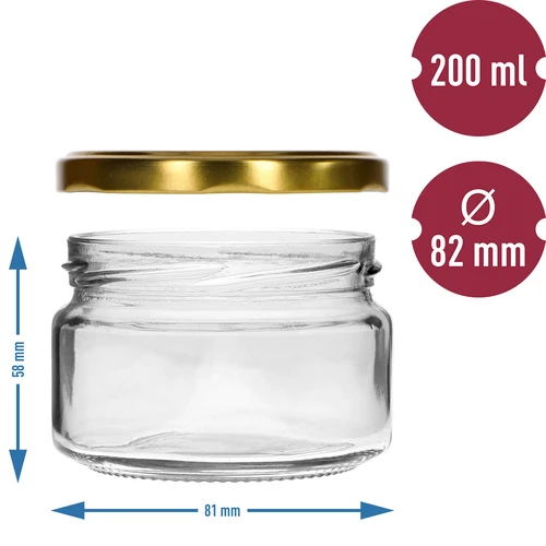 Žemas 200 ml stiklainis - su auksiniu dangteliu fi 82/6, 6 vnt. - 5