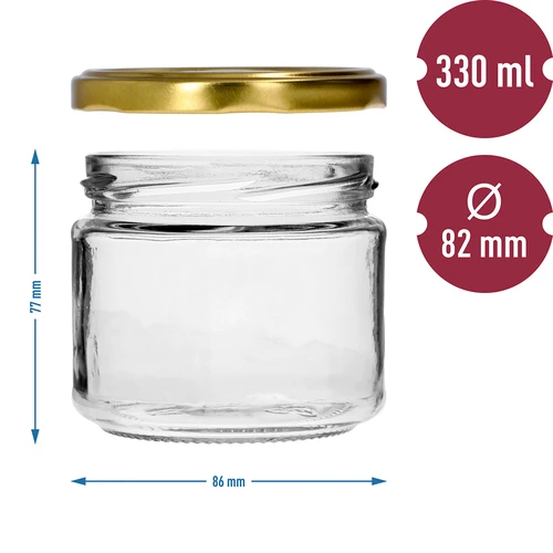 Žemas 330 ml stiklainis - su auksiniu užsukamu dangteliu fi 82/6, 6 vnt. - 7