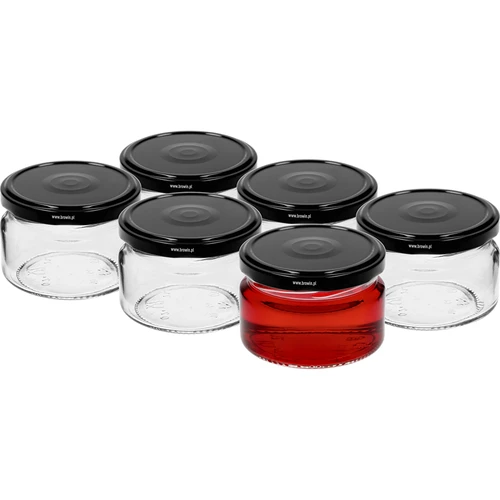 Žemas stiklainis 200 ml - su juodu dangteliu fi 82/6, 6 vnt. - 2