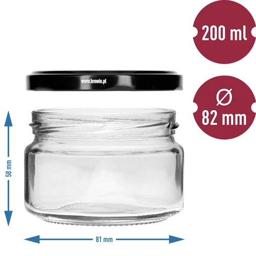 Žemas stiklainis 200 ml - su juodu dangteliu fi 82/6, 6 vnt. - 5